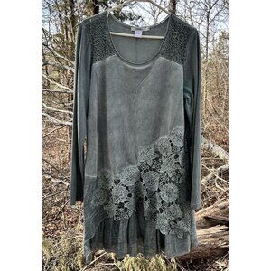 Boho Crochet Floral Fairy Indie Festival Green Tunic Long Feratelli Size Large